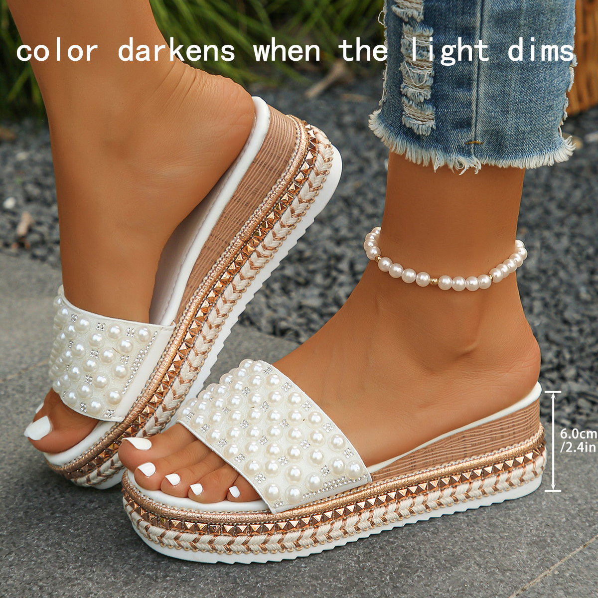 1 Pair Women'S Fashion Platform Slide Sandals, Summer Slip-On Open Toe with Pearl Embellishment, Non-Slip Rubber Sole, Man-Made Materials, Waterproof Thick Sole for Casual Outdoor Wear